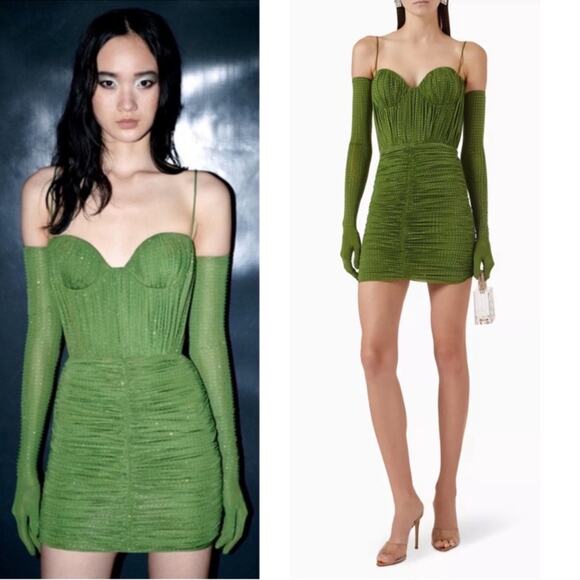 Alex Perry Sweetheart Ruched Crystal Jersey Bustier Fern Green Mini Dress Sz 6 - Picture 3 of 16